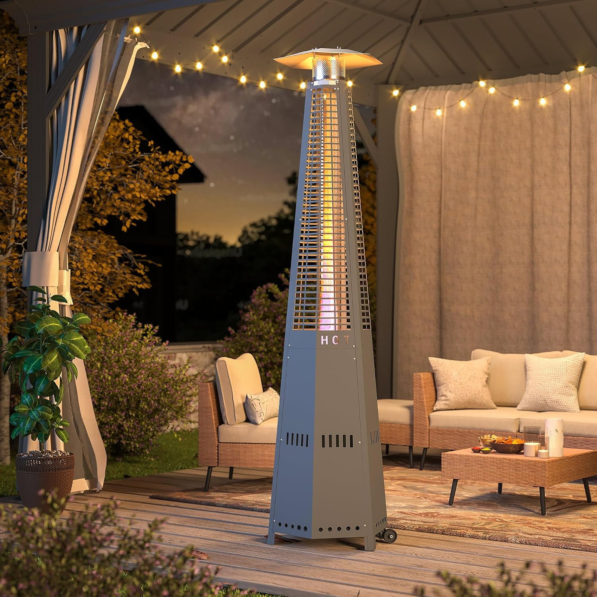 HEASOME 48,000 Hexagon Pyramid Outdoor Patio Heater, Stainless Steel Propane Heater with Quartz Glass Tube, Tip-Over Safety, Cover & Wheels for Backyard