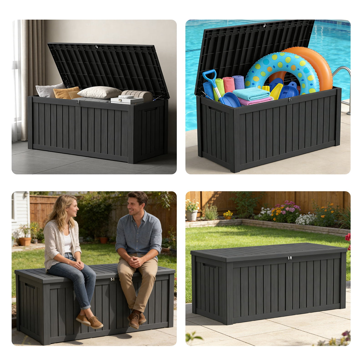 HEASOME 120 Gallon Lockable Resin Outdoor Storage Box, UV-Resistant Heavy Duty Garden Tool Organizer for Patio, Pool & Yard (Black)