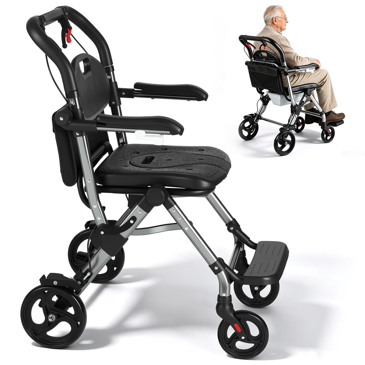 HEASOME 3-in-1 Bedside Commode Shower Chair Rolling Lockable Wheels