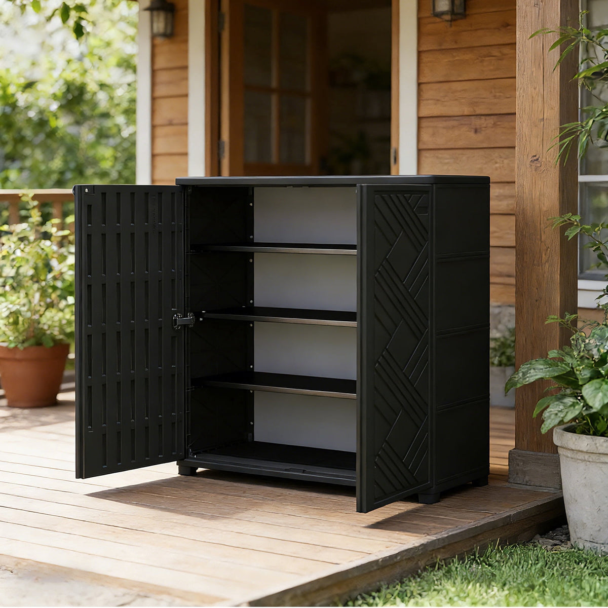 HEASOME VICESIM 10 Cu.Ft Outdoor Storage Cabinet With 1 Shelf Black Waterproof UV Resistant For Patio Poolside And Indoor Use