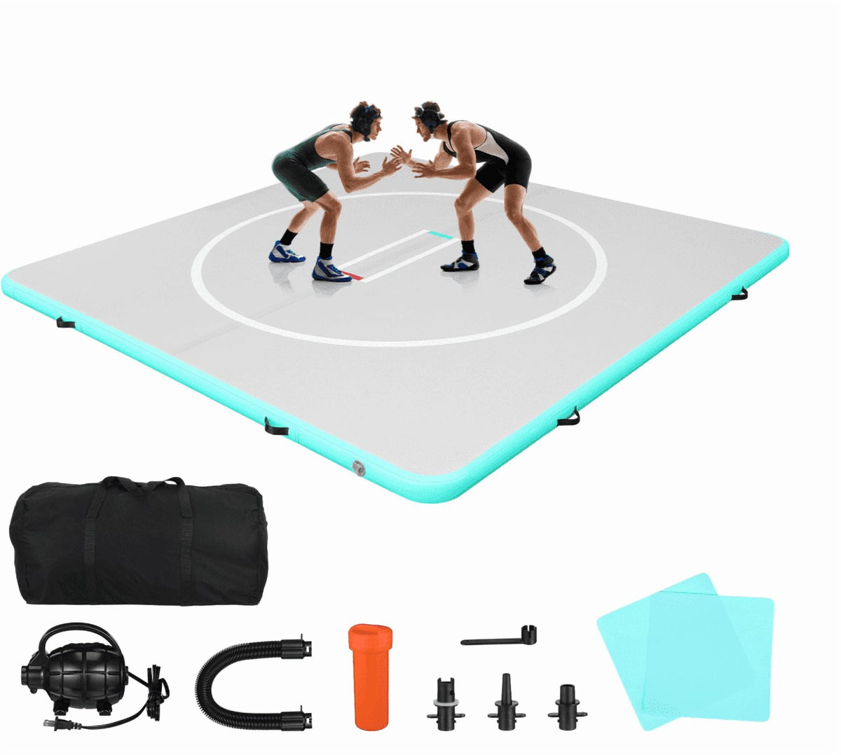 HEASOME 10x10 Inflatable Wrestling Mat 4 Inch Foldable PVC Jiu Jitsu Mat for Waterproof Yoga Mat with Air Pump and Storage Bag for Gymnastics, Water Yoga, PE Training, BJJ, MMA, Grappling