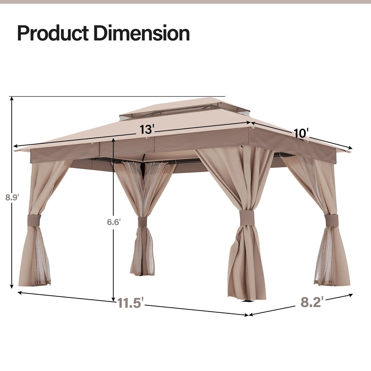 HEASOME 10x13 Patio Gazebo Pergola with Double Roof, Heavy Duty Outdoor Canopy, Mosquito Netting & Privacy Screens, Khaki Shade Shelter