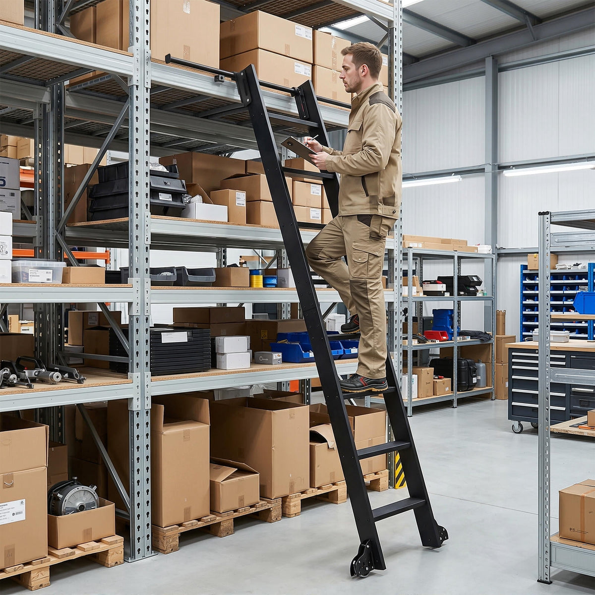 HEASOME 96 Inch Rolling Sliding Library Ladder 8 Step Lightweight Aluminum Ladder with Brake Wheels 4FT Hook Track Black Rolling Ladder for Home Library Storage