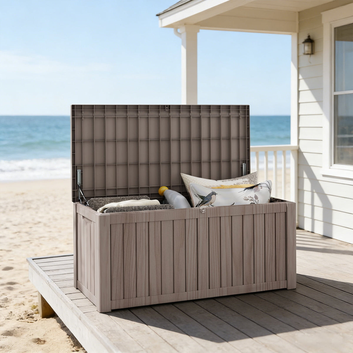 HEASOME 150 Gallon Lockable Resin Outdoor Storage Box, UV-Resistant Heavy Duty Garden Tool Organizer for Patio, Pool & Yard Storage Grey