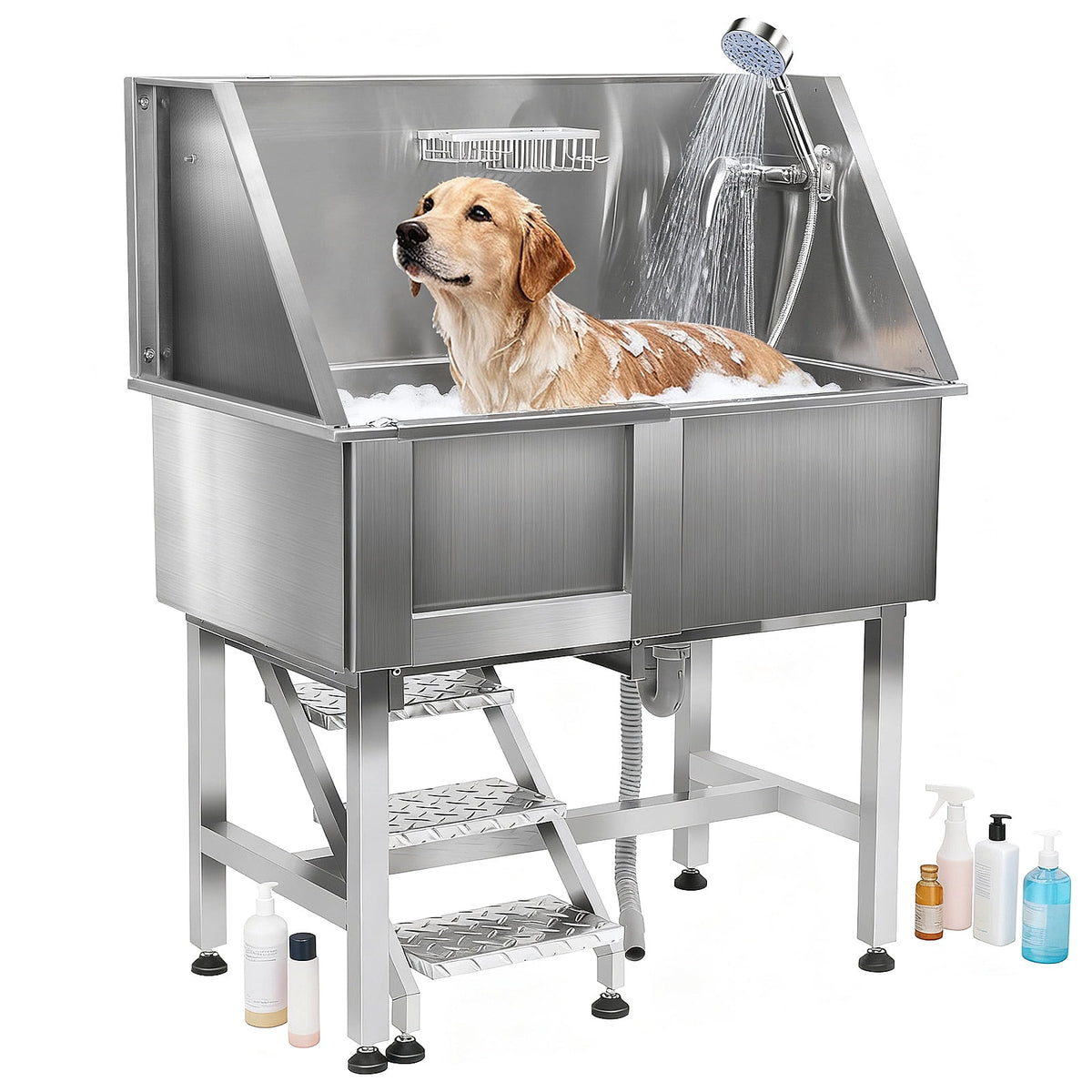 HEASOME Pet Wash Station 304 Stainless Steel Dog Bathtub Dog Bathtub W/shower Head Faucet and Steps for Small and Medium and Large Pets up to 220lbs