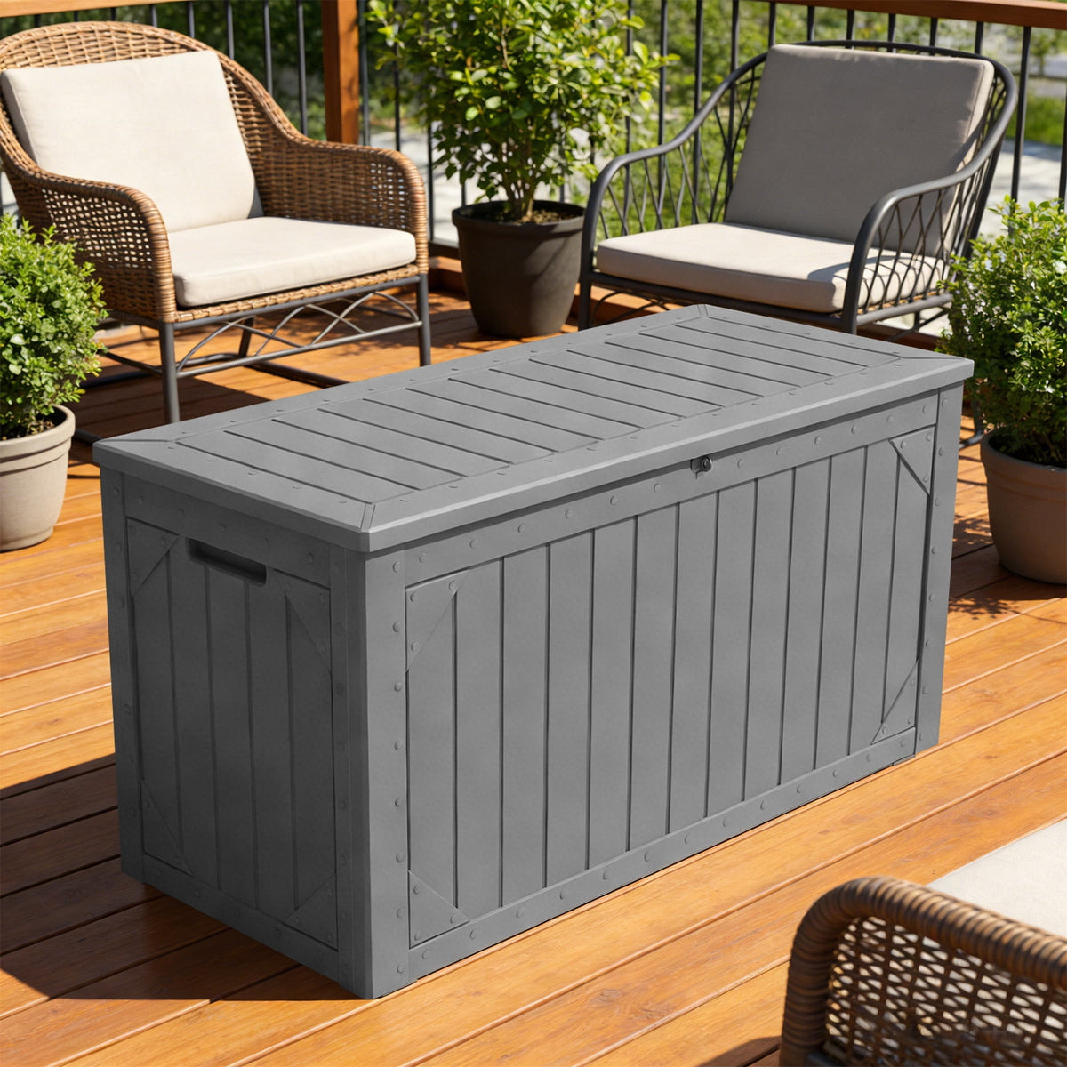 HEASOME 100 Gallon Outdoor Storage Box, Lockable Resin Deck Organizer for Patio Cushions, Garden Tools, and Yard Equipment - Gray