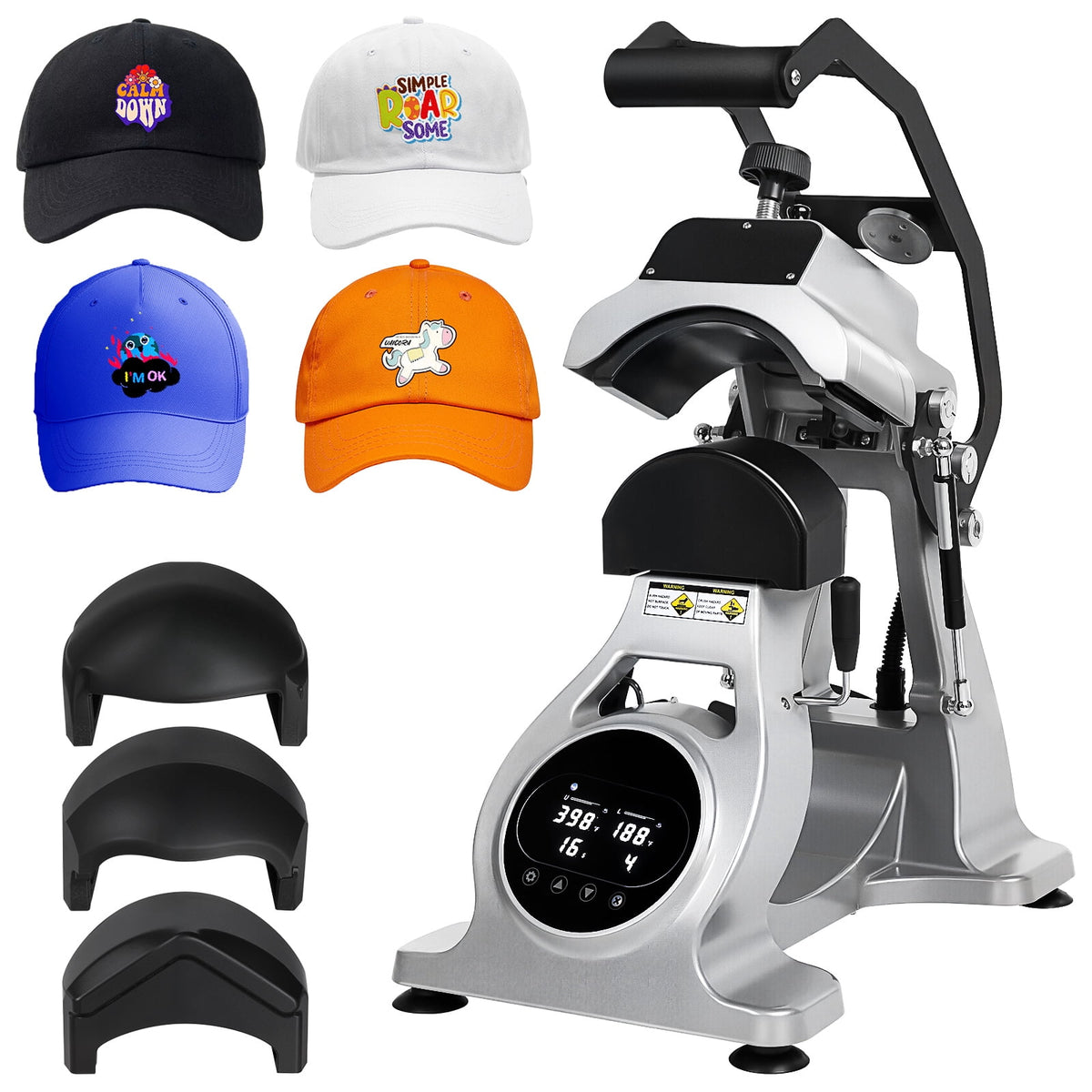 HEASOME Semi-Automatic Hat Heat Press Printing Machine Cap Transfer Sublimation Press with Digital Timer & Temperature Control Equipped with Multiple Replacement Platens US Plug
