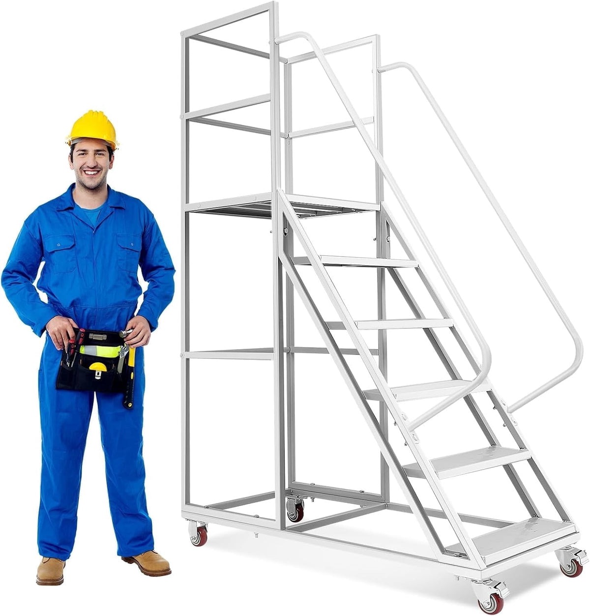 HEASOME 6 Step Rolling Ladder with Wheels & Handrails, 1200LBS Heavy Duty Rolling Step Ladder, Non-Slip Stair Ladder for Warehouse & Home Use£¨White£©