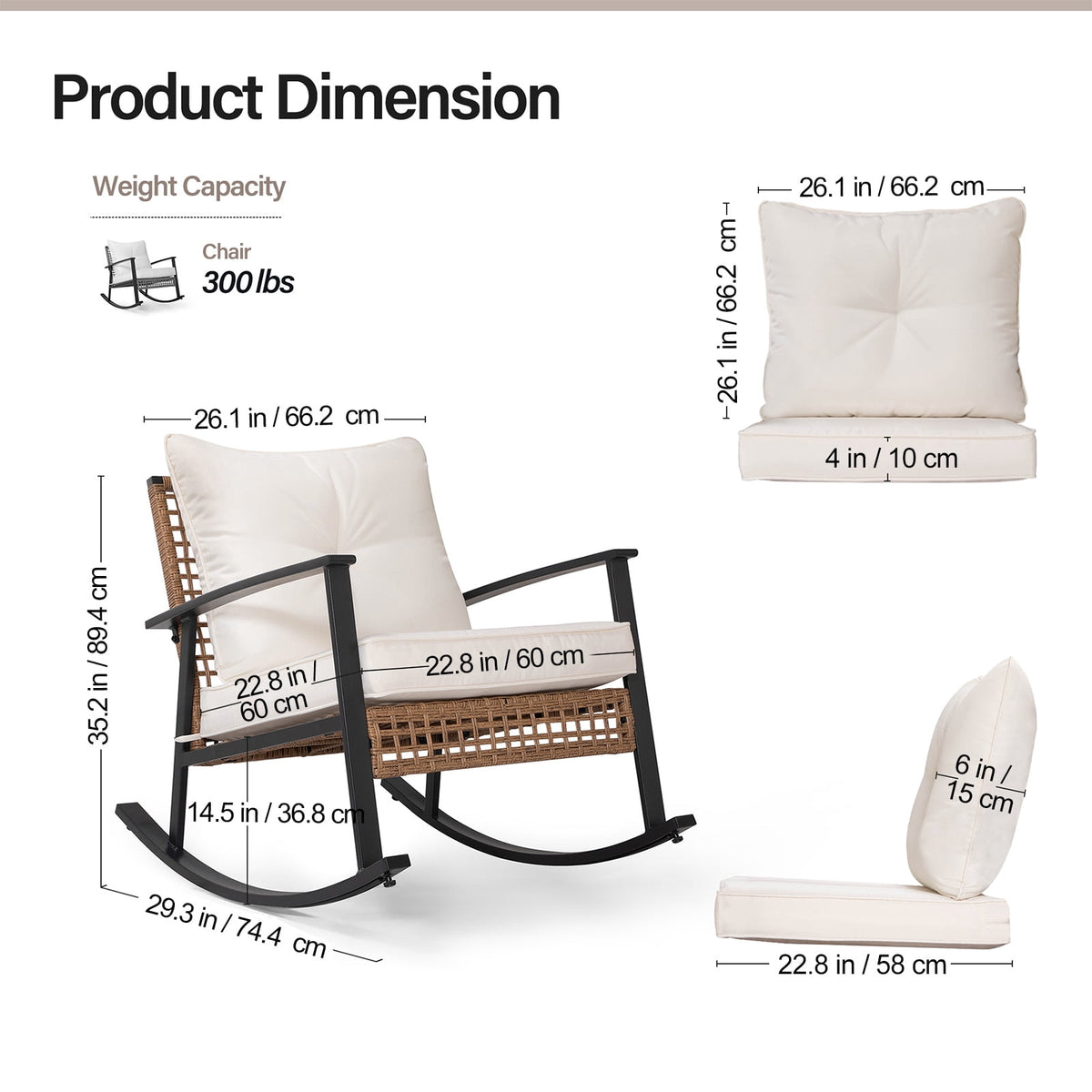 HEASOME Oversized Outdoor Wicker Rocking Chair with Thick Cushion, Comfortable Patio Rocker, Modern Cozy Lounge Seat for Garden, Living Room, Bedroom - Beige