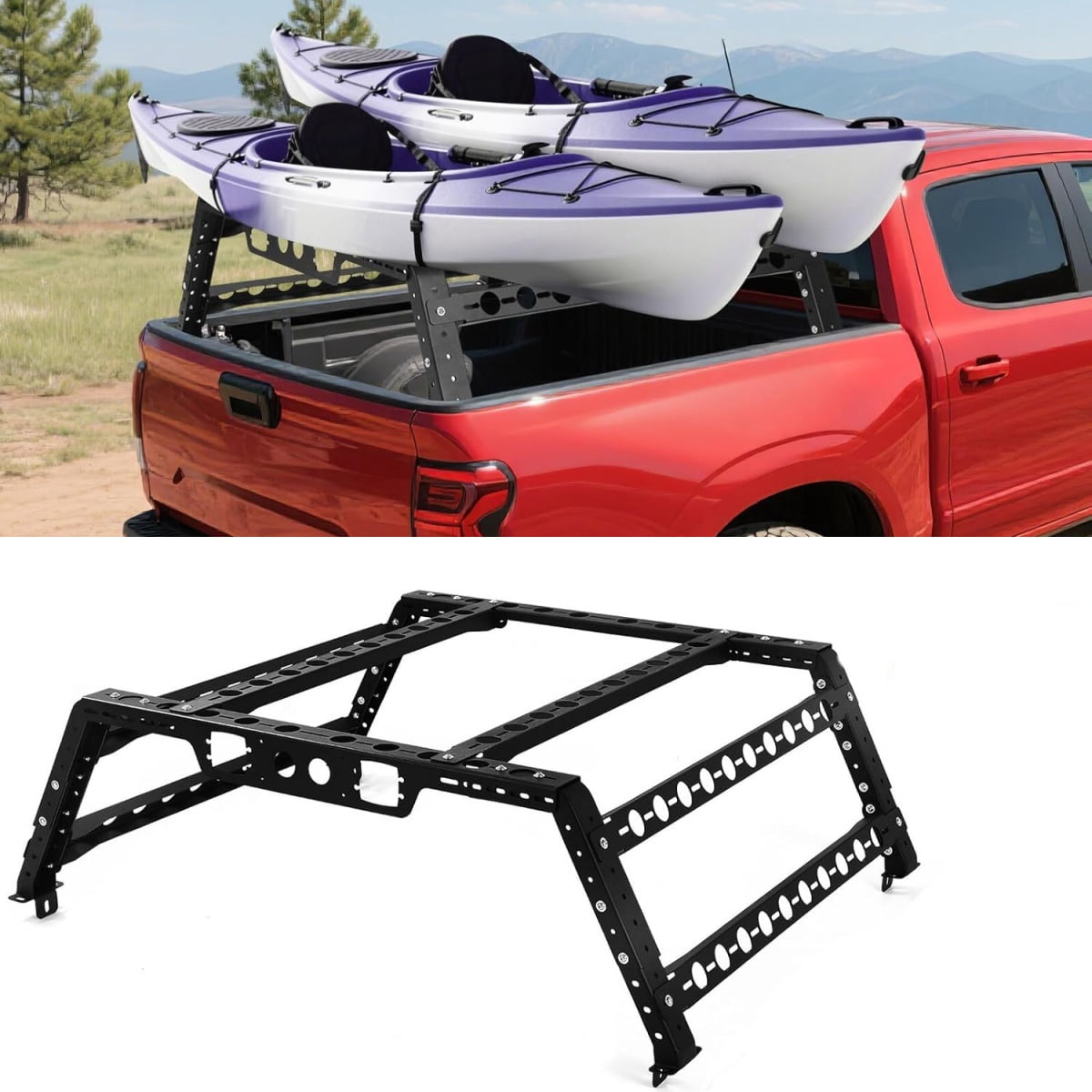 HEASOME Heavy Duty Truck Bed Rack, Adjustable Truck Ladder Rack with LED Lights, Universal Kayak Rack for Truck Bed Accessories