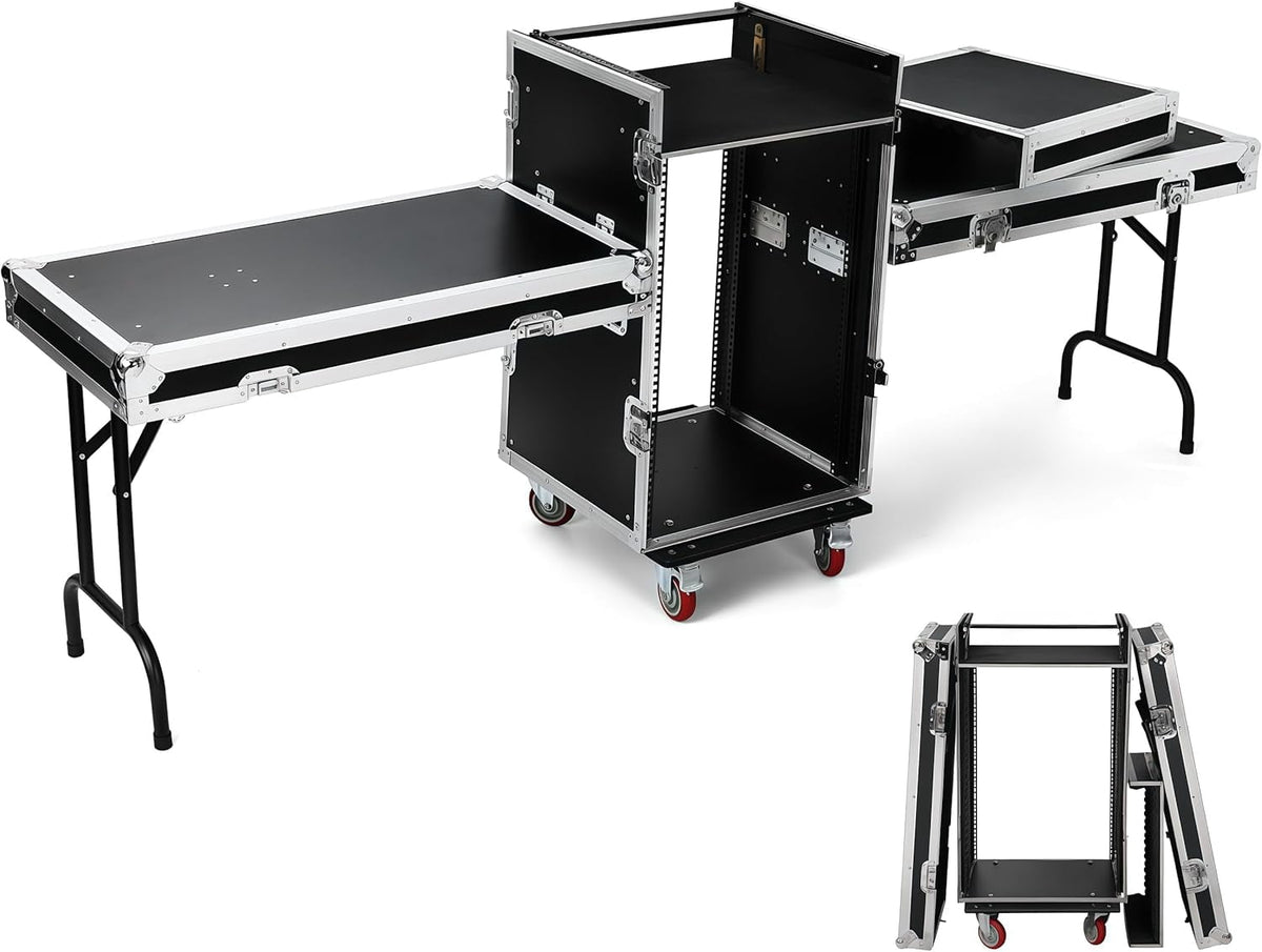 HEASOME 16u Rack Case, Portable DJ Table with Work Table, Flight Case Road Case for DJ Studio Stage Performance & Audio Equipment