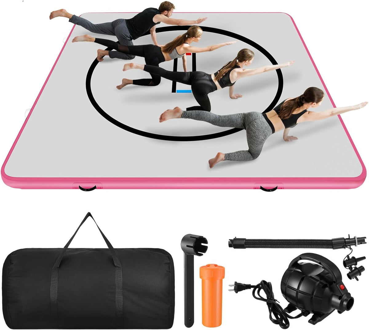 HEASOME 10x10 Inflatable Wrestling Mat 4 Inch Foldable PVC Jiu Jitsu Mat for Waterproof Yoga Mat with Air Pump and Storage Bag for Gymnastics, Water Yoga, PE Training, BJJ, MMA£¨Pink)